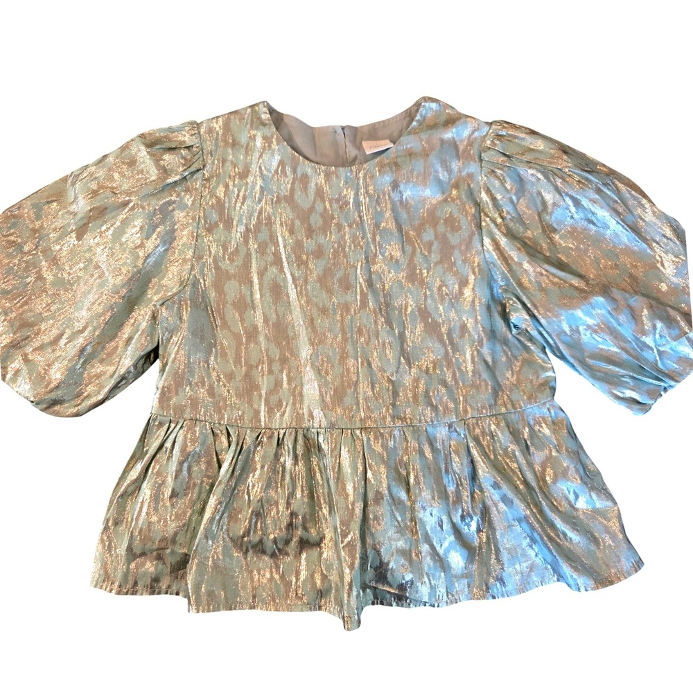 Next Girls Metallic Leopard Print Peplum Top Blue Gold Puff Sleeve Size 8 Years